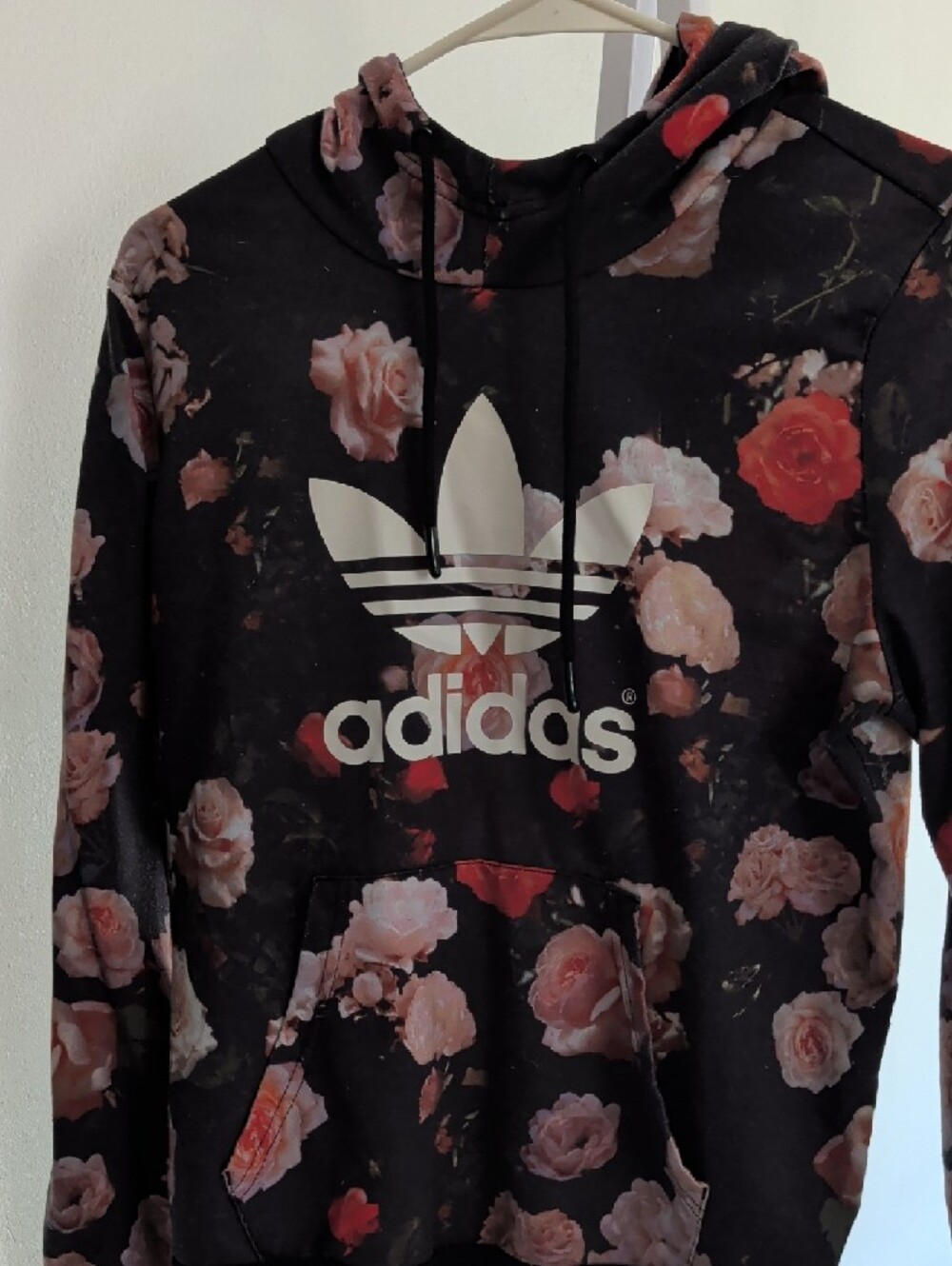 Adidas Floral Trefoil Hoodie - Black with Rose Print - Picture 4 of 9